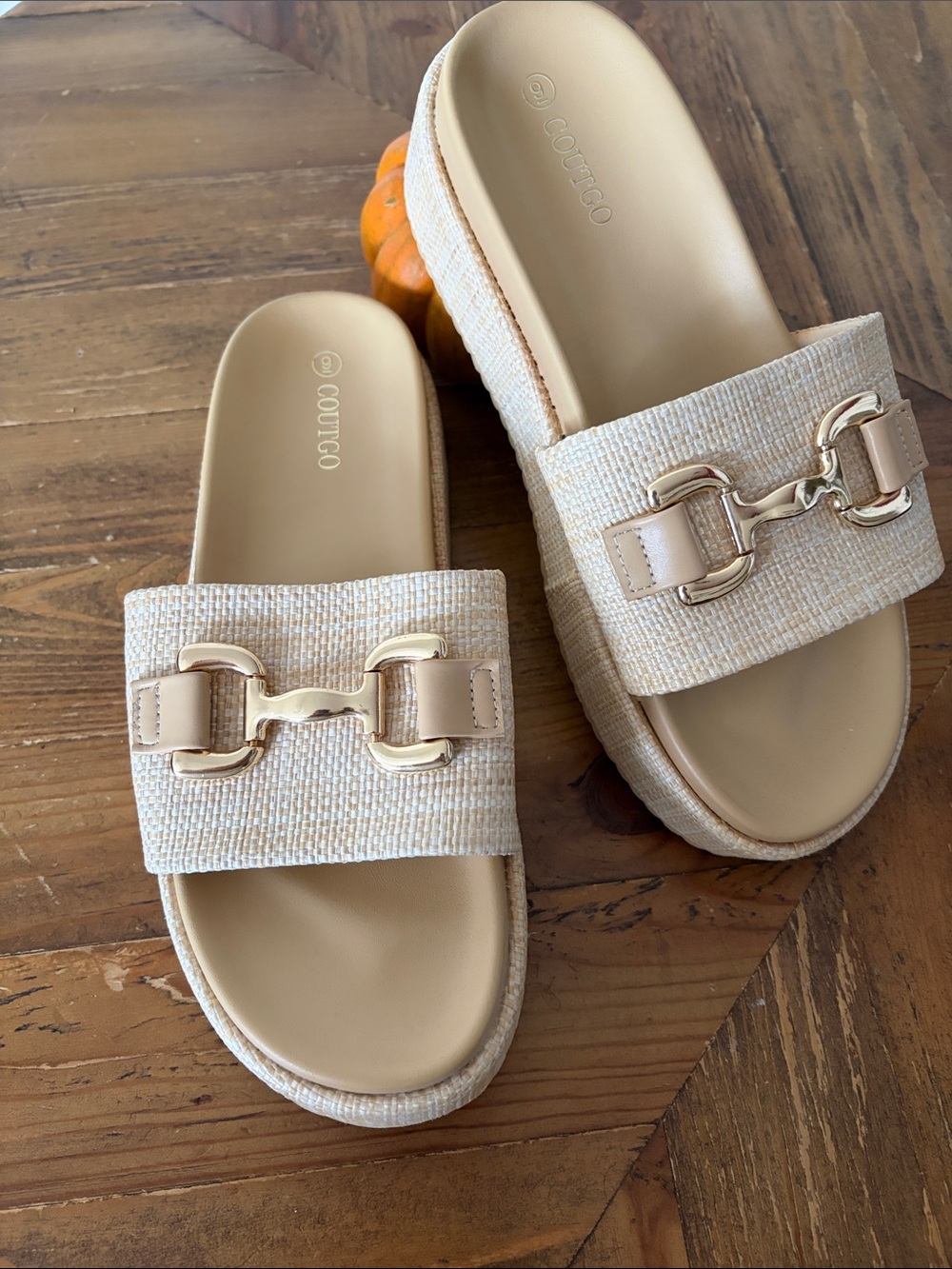 Coutico Beige Slide Mules with Gold Chain Accent